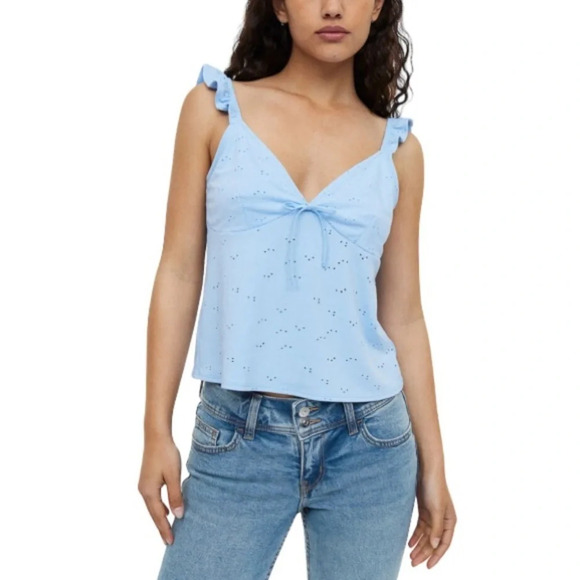 H&M Tie-Detail Jersey Top Baby Blue Eyelet Ruffled Strap V-neck Tie Back S - Picture 1 of 11